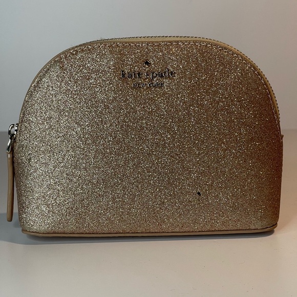 Kate Spade NY Saffiano Tinsel Glitter Rose Gold Dome Pouch Gently Preloved - Picture 3 of 10